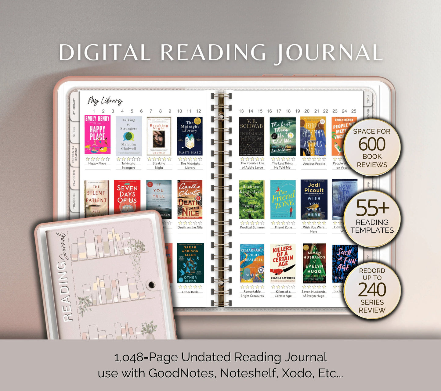 Reading Journal Digital Planner for iPad & Android, Gift for Book Lover, Reading Log Record