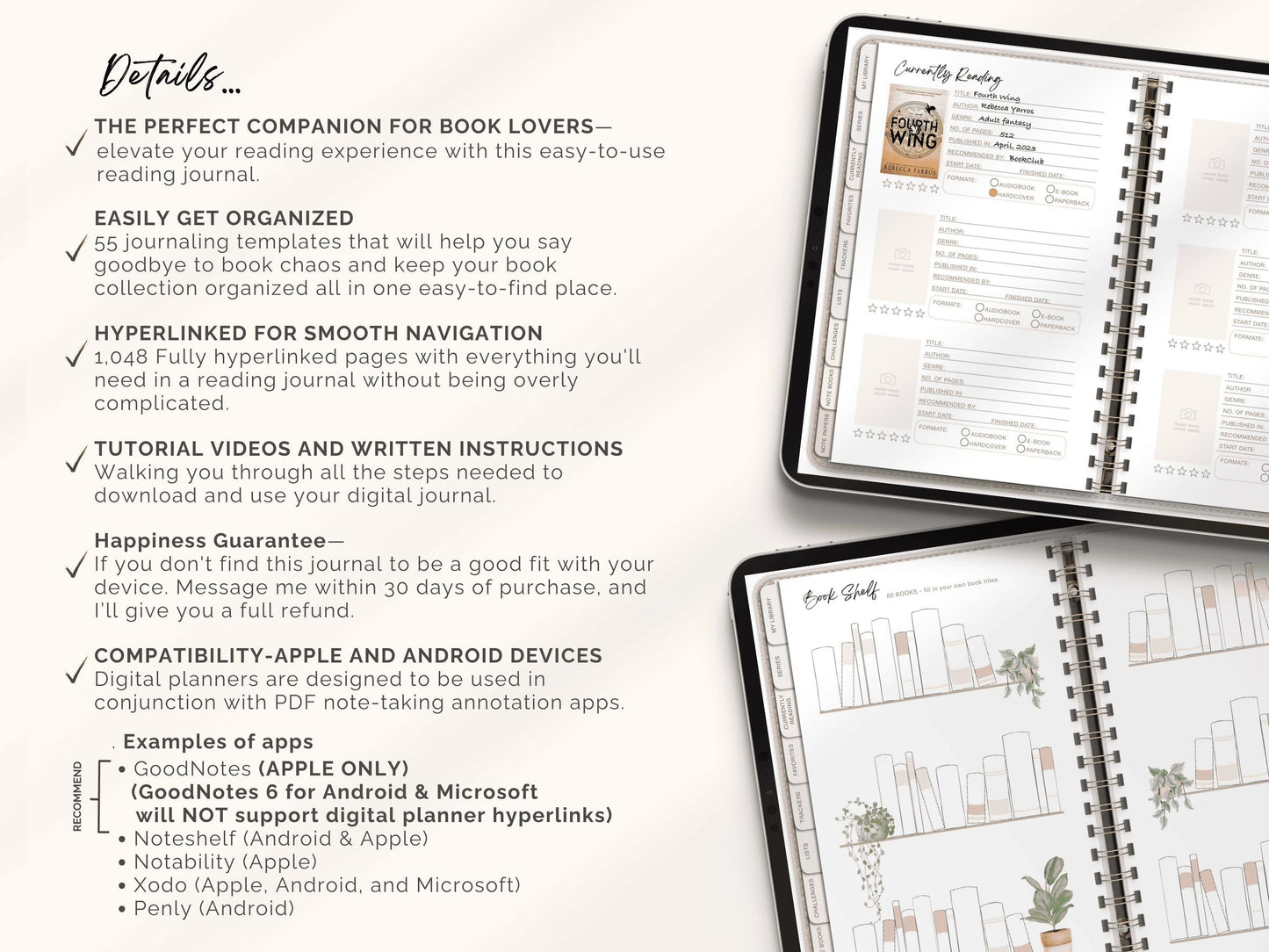 Reading Journal Digital Planner for iPad & Android, Gift for Book Lover, Reading Log Record
