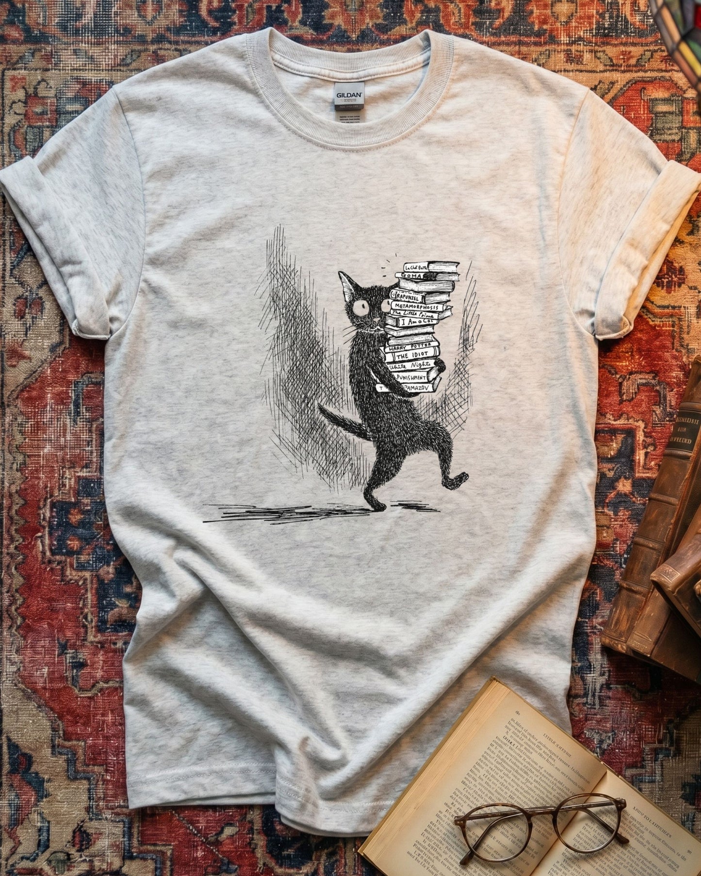 Cat Carrying Books Reading T-shirt