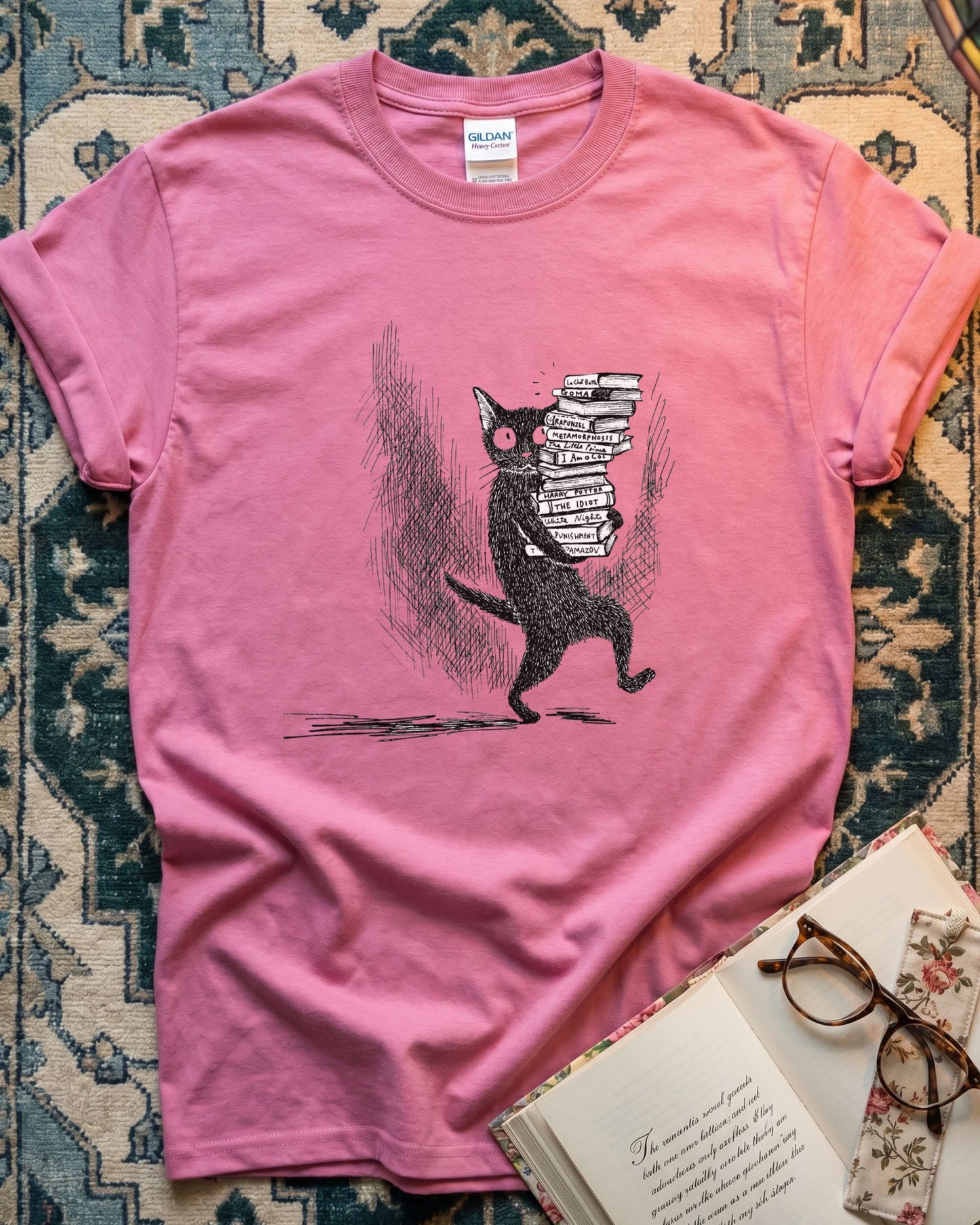 Cat Carrying Books Reading T-shirt