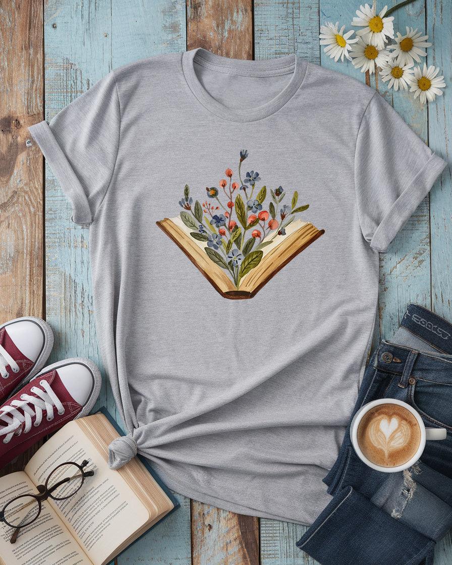 Blooming Books Tee, Watercolor Floral Book