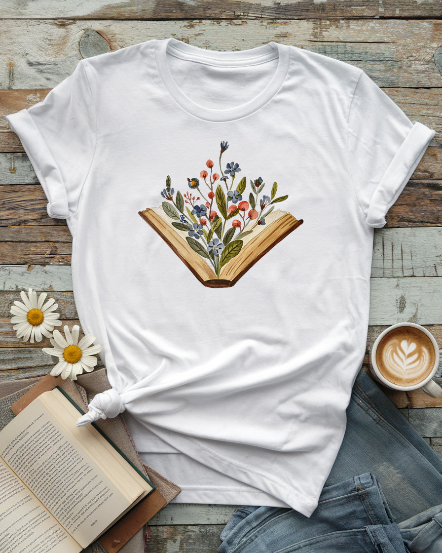 Blooming Books Tee, Watercolor Floral Book