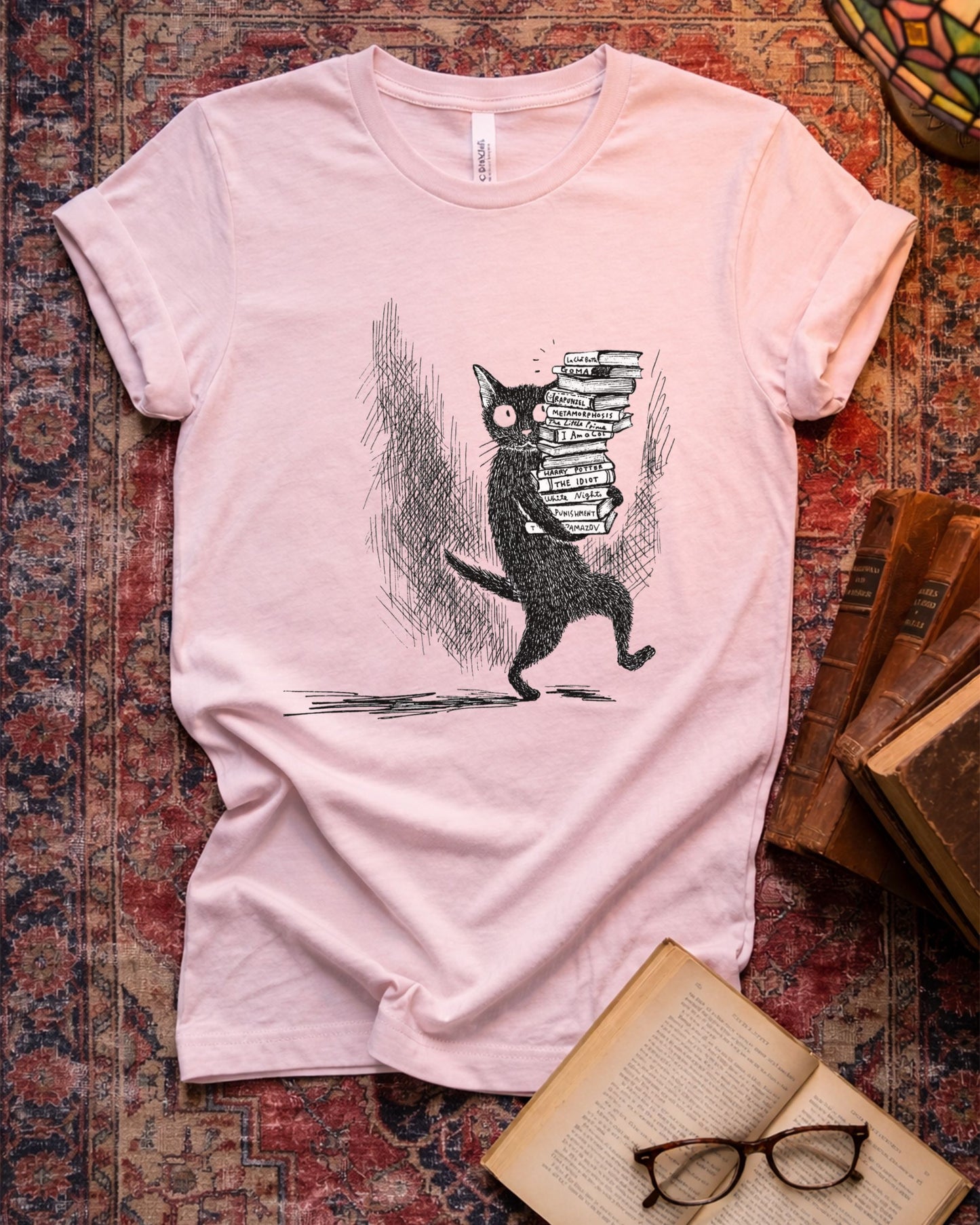 Cat Carrying Books Reading T-shirt