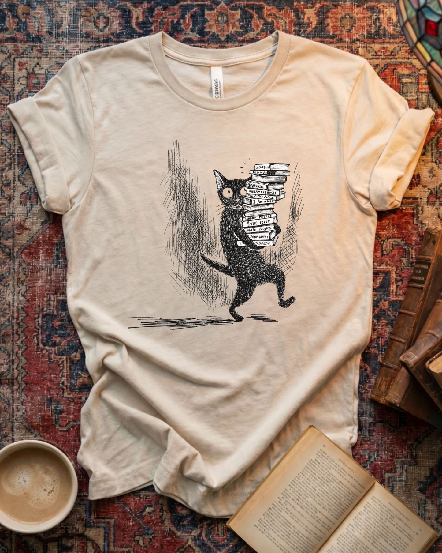 Cat Carrying Books Reading T-shirt
