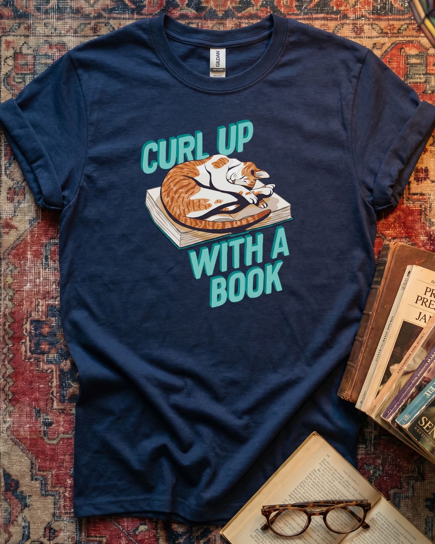 Curl Up Cat Reading T-shirt