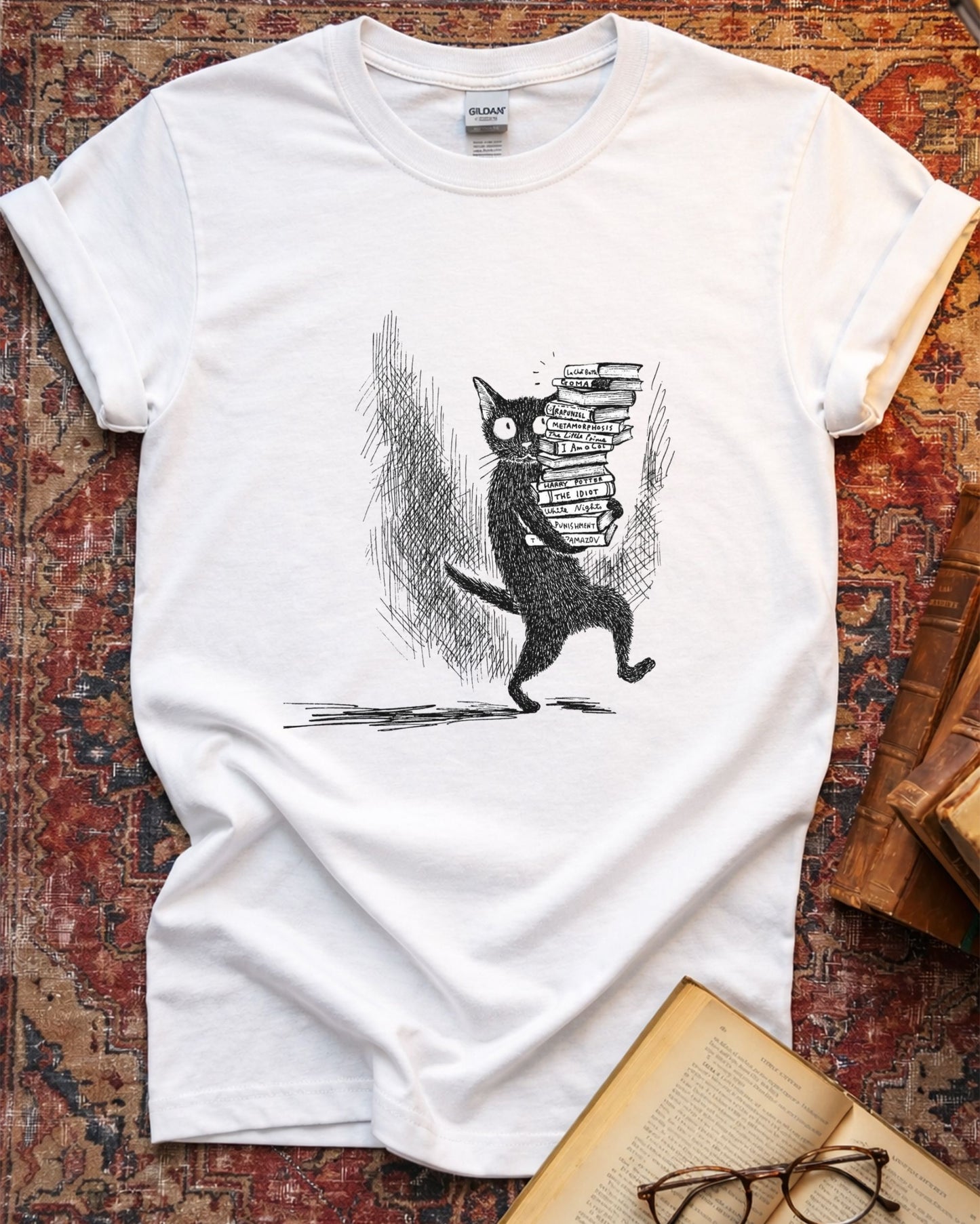 Cat Carrying Books Reading T-shirt